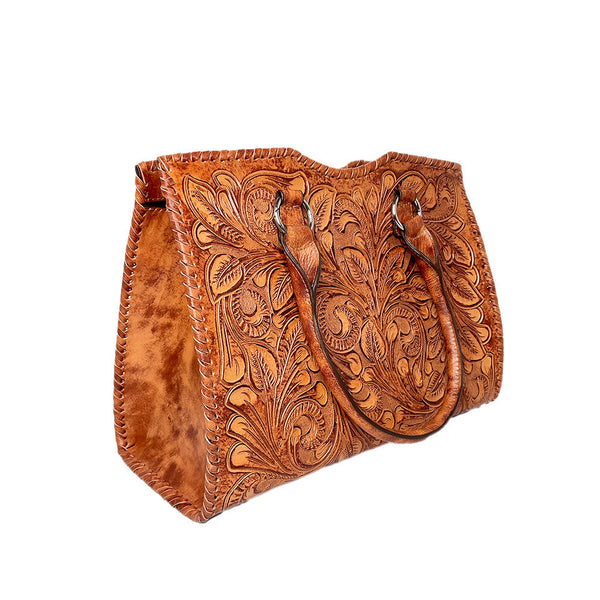 Artisan Large Tan Tooled Leather Shoulder Bag