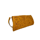 Artisan carved tan leather woman wallet