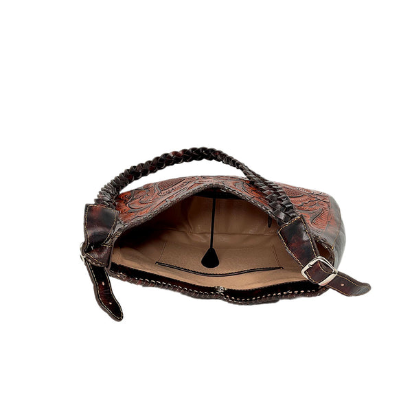 Artisan Tooled Brown Leather Shoulder Bag